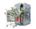 A concept of an opened steel safe full of money and a trolley full of cash near the safe,
