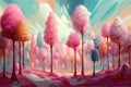 concept optimism landscape pink abstract forest trees cotton candy dreamlike colorful Illustration