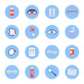 Concept optometry icon set, medical health care flat vector illustration, isolated on blue, concept eye problem