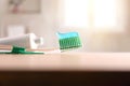 Concept oral hygiene with toothbrush on wood table in bathroom Royalty Free Stock Photo