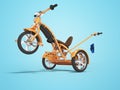 Concept orange kids tricycle with lift front wheel 3d render on blue background with shadow Royalty Free Stock Photo