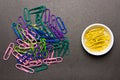 The concept of order and chaos. Chaotic disorganized colorful paper clips and to order the yellow paper clip