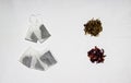 The concept of 5P, zero waste, proper healthy nutrition, no plastic. Comparison of the wrong unhealthy tea bags and healthy tea