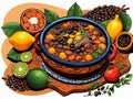 A Painting Of A Bowl Of Beans And Vegetables. Generative AI