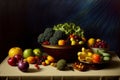 A Painting Of A Bowl Of Fruit And Vegetables. Generative AI