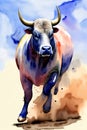 A Painting Of A Bull Running In The Sand. Generative AI