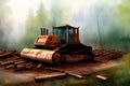 A Painting Of A Bulldozer Sitting On Top Of A Pile Of Logs. Generative AI