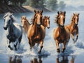 A Painting Of Horses Running Through A River. Generative AI