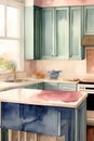 A Painting Of A Kitchen With Blue Cabinets. Generative AI