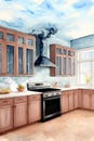 A Painting Of A Kitchen With A Sky Painted On The Ceiling. Generative AI