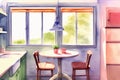 A Painting Of A Kitchen With A Table And Two Chairs. Generative AI