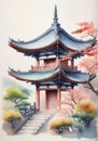 A Painting Of A Pagoda In The Middle Of A Park. Generative AI