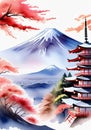 A Painting Of A Pagoda With A Mountain In The Background. Generative AI