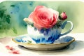 A Painting Of A Pink Rose In A Teacup. Generative AI