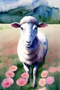 A Painting Of A Sheep Standing In A Field Of Flowers. Generative AI