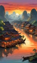 Painting Style Illustration Of A Southeast Asian Ancient Town Beside A River At Sunset. Generative AI