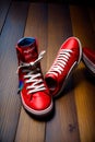 A Pair Of Red Sneakers Sitting On Top Of A Wooden Floor. Generative AI Royalty Free Stock Photo