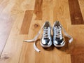 A Pair Of Silver Shoes On A Wooden Floor. Generative AI