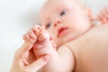 Concept of parental love. baby hand holding finger of mother Royalty Free Stock Photo