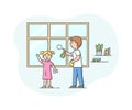 Concept Of Parenting And Joint Family Cleaning. Happy Father Makes Wet Cleaning Of Apartment With Little Daughter