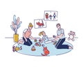 Concept Of Parents Spending Leisure With Children At Home. Father And Mother Play Toys With Daughter Sit On The Floor