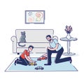 Concept Of Parents Spending Leisure With Children At Home. Happy Father Plays Toy Cars With His Son Sit On The Floor