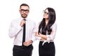 Concept of partnership in business. Young man and woman standing back-to-back with crossed hands against white background Royalty Free Stock Photo