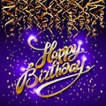 Concept party on blue dark background top view happy birthday gold confetti vector - modern flat design style Royalty Free Stock Photo
