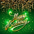 Concept party on green dark background top view happy birthday gold confetti vector - modern flat design style Royalty Free Stock Photo
