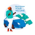 The concept of passive income. A black woman stands with a smartphone in her hand near the car. In the background are large