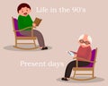 Concept of past and future. Man sitting in rocking chair. Young man reading newspaper. Cute man at home. Senior man checks the