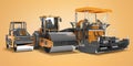Concept paver large construction roller and small road roller 3d rendering on orange background with shadow