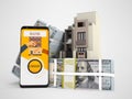 Concept of paying loan in dollars for house via smartphone 3d render on gray background with shadow Royalty Free Stock Photo