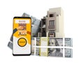 Concept of paying loan in dollars for house via smartphone 3d render on white background no shadow Royalty Free Stock Photo