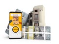 Concept of paying loan in dollars for house via smartphone 3d render on white background with shadow Royalty Free Stock Photo
