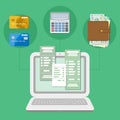 The concept of payment accounts tax bill via a computer or a laptop. Online payment. Bank card transfer.