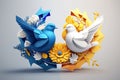 The concept of peace in Ukraine. Yellow-blue birds are a symbol of Ukraine in a wreath of flowers