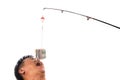 Concept of people reaching for money bait casted on fishing line