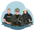 concept of people working in critical infrastructure fireman rescuer policeman military vector illustration