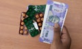 Concept of the person`s hands buying Pills or tablets with Indian currency