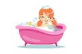 Concept Of Personal Hygiene Procedures. Happy Cheerful Girl Is Taking A Bath. Kid Is Playing With Rubber Duckling In