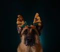 Beautiful German Shepherd with reindeer horns on head portrait close-up. Studio photo of dog inside on blue background Royalty Free Stock Photo