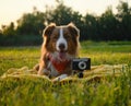 Concept pets look like people. Dog professional photographer with vintage film photo camera. Brown Australian Shepherd