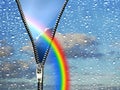 Unzip rainbow through wet weather rain on glass window pane Royalty Free Stock Photo