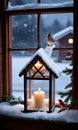 Photo Of Christmas Candlelit Window With A View Of A Snowy Birdhous. Generative AI