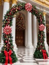 Photo Of Christmas Candy Cane Arch With Hanging Mistletoe And Ornaments In The Entrance Of A Grand Palace. Generative AI