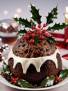 Photo Of Christmas Christmas Pudding With A Sprig Of Holly. Generative AI