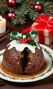 Photo Of Christmas Christmas Pudding With A Sprig Of Holly. Generative AI