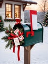 Photo Of Christmas Festive Mailbox With Cards. Generative AI