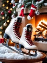 Photo Of Christmas Ice Skates Hanging By A Fire. Generative AI